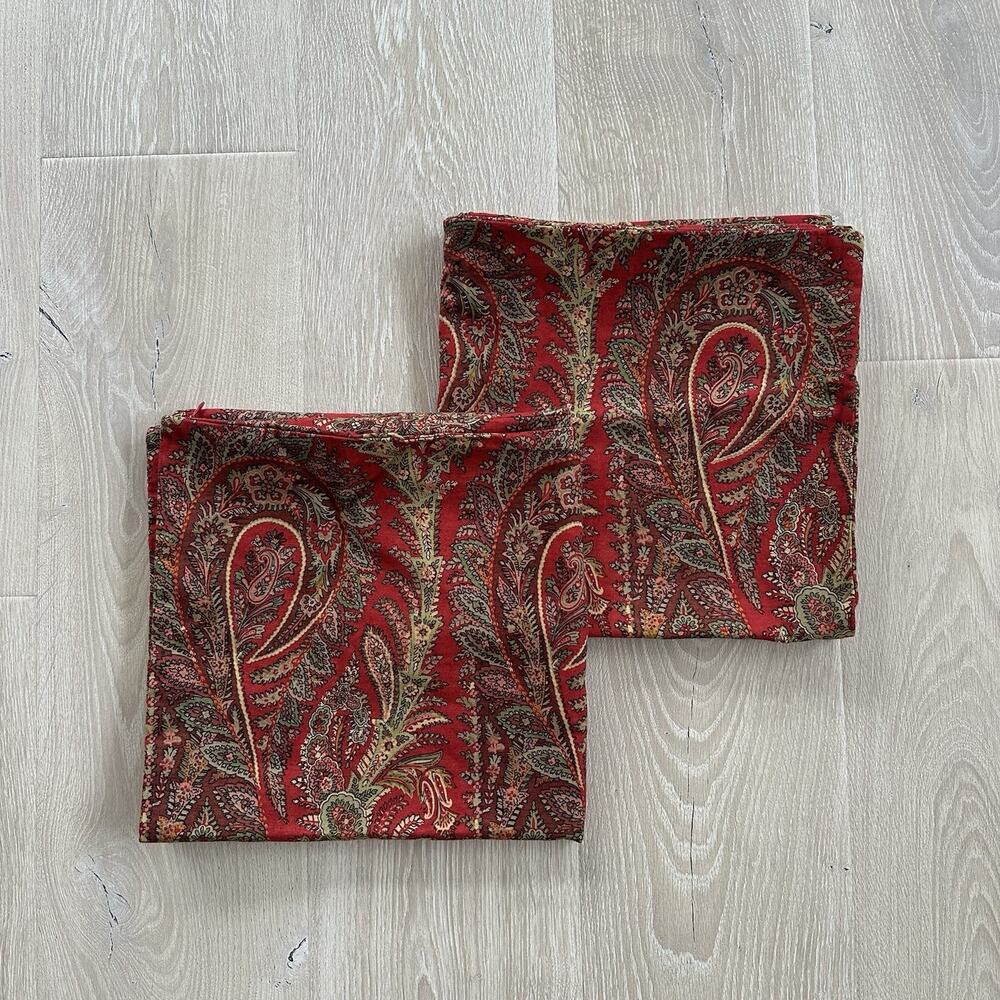 Pottery Barn Paisley Pillow Cover Cotton Linen Blend Red Green Square 24 in